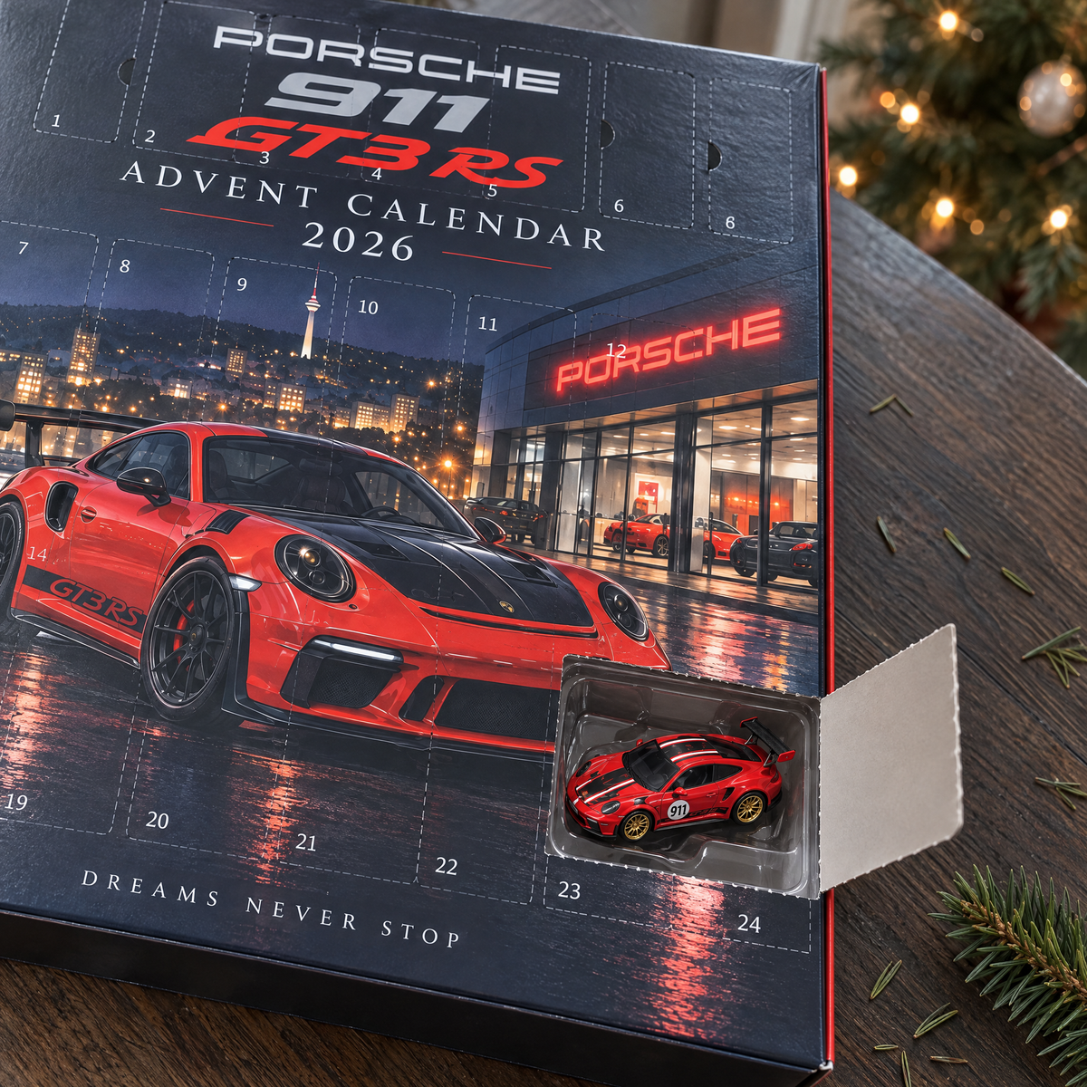 Door 24 open showing the Guards Red GT3 RS mini