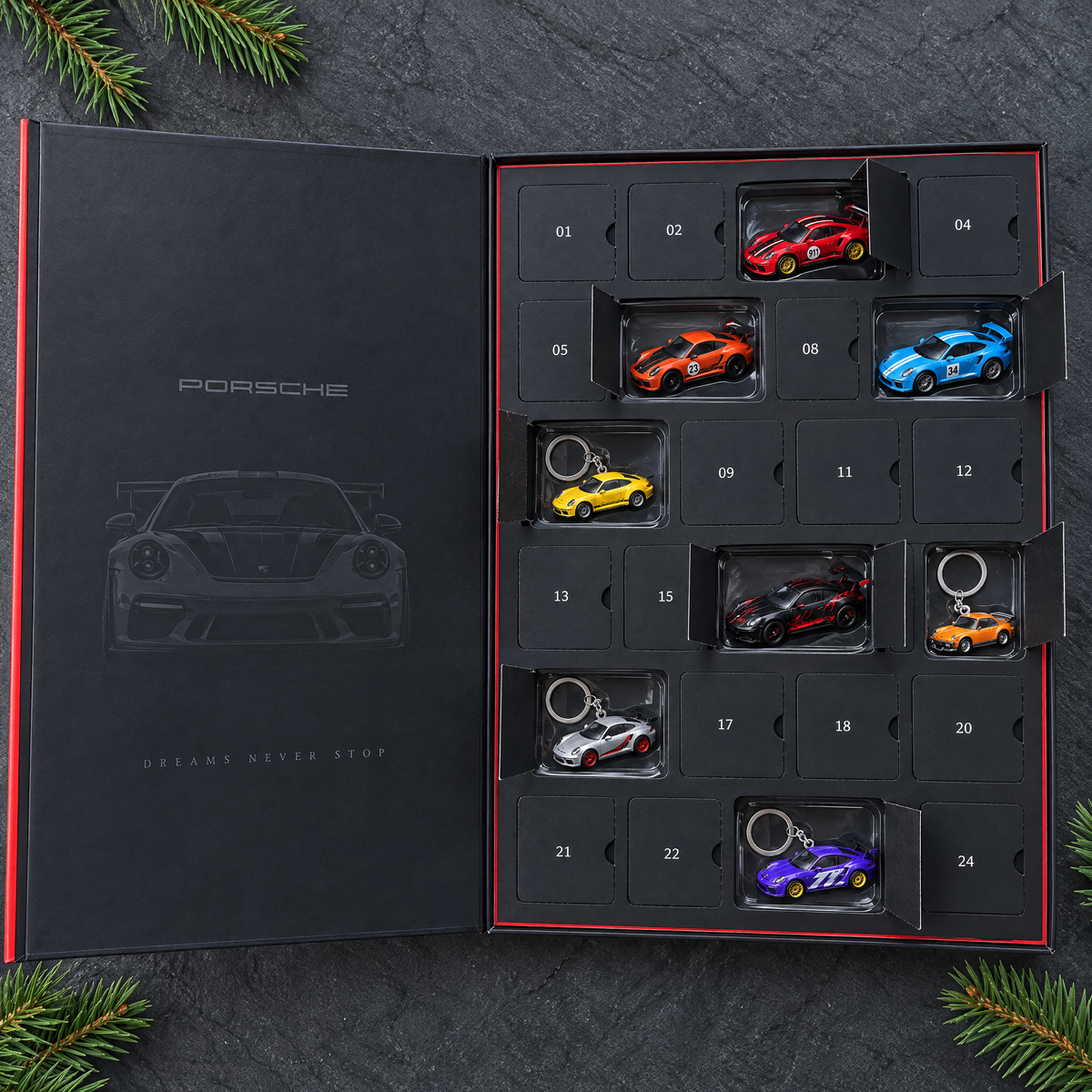 Open advent calendar tray with numbered doors
