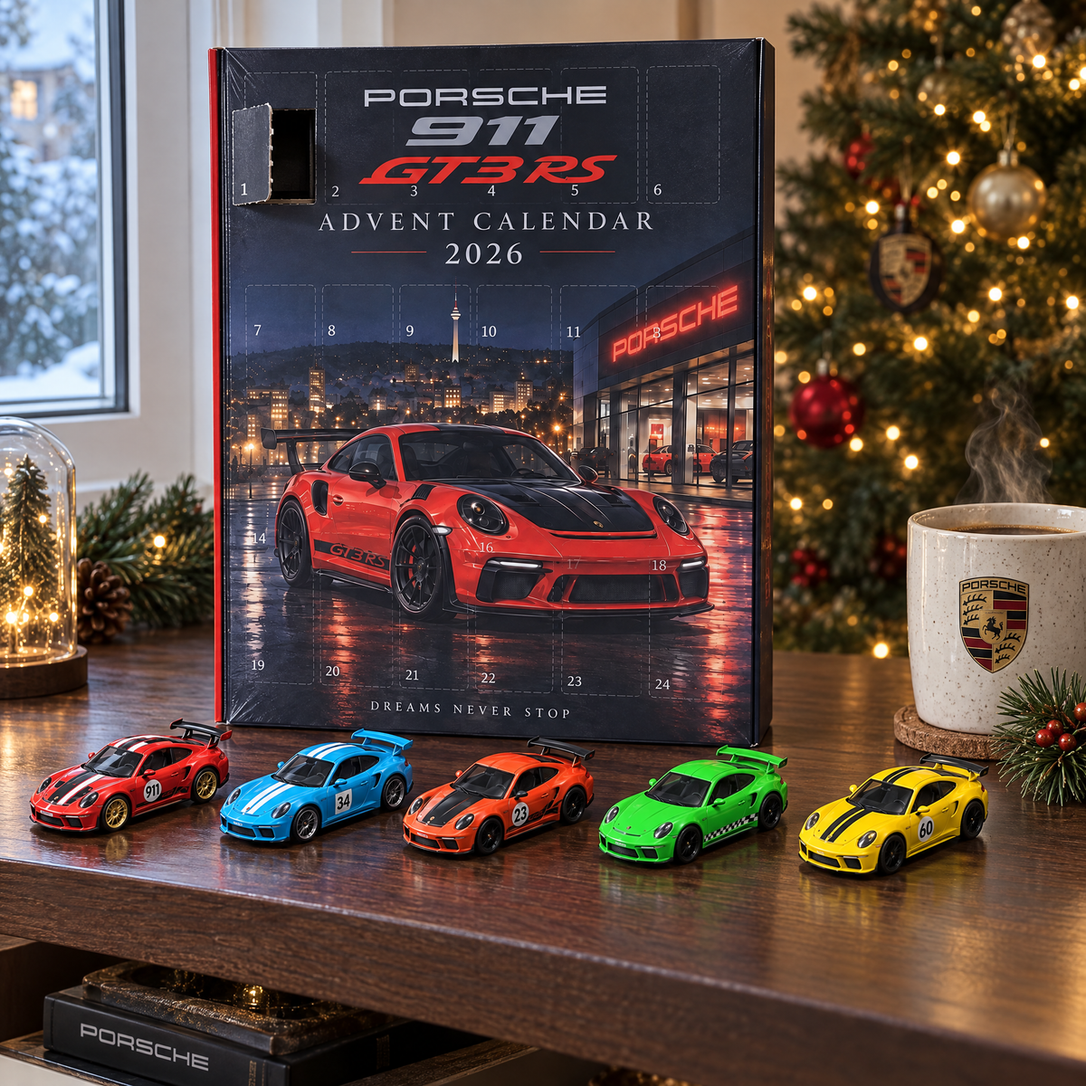 Porsche advent calendar on a collector shelf