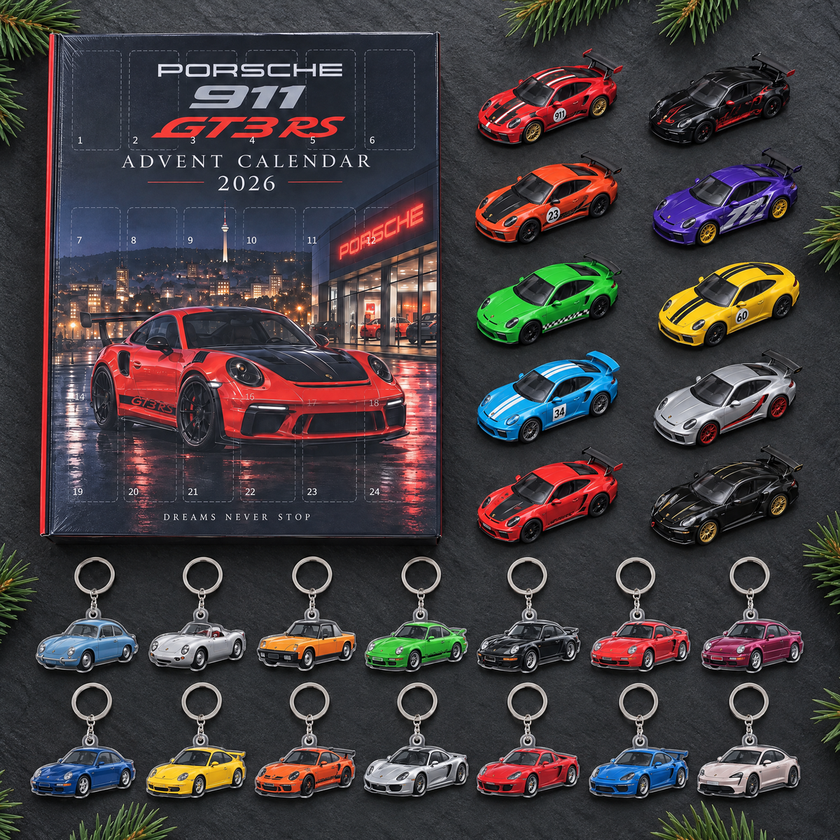 Porsche advent calendar with 10 die-cast cars and 14 acrylic keychains