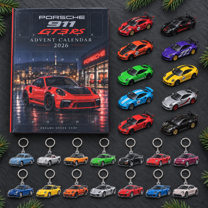 Porsche advent calendar with 10 die-cast cars and 14 acrylic keychains