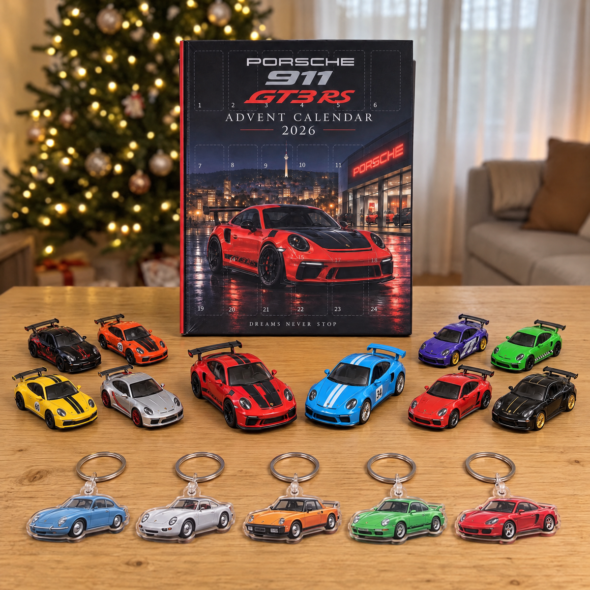Porsche advent calendar with die-cast cars and acrylic keychains