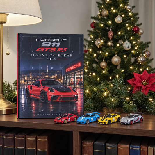 Porsche 911 advent calendar 2026 on a shelf with Porsche die-cast cars