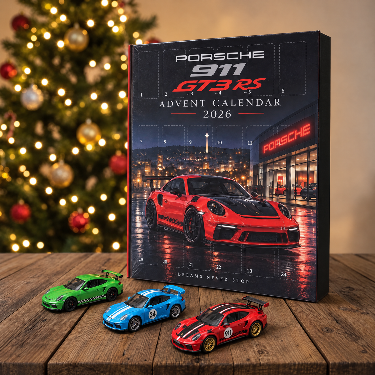 Porsche advent calendar box with three die-cast cars on a wood table