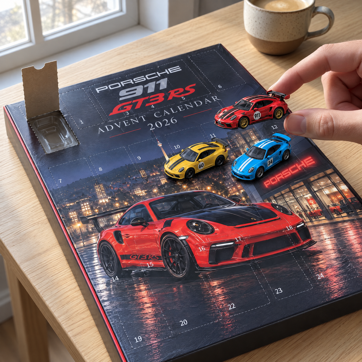 Pulling a die-cast Porsche GT3 RS out of an advent calendar door