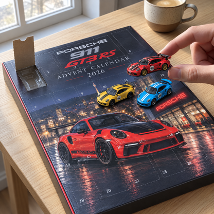 Pulling a die-cast Porsche GT3 RS out of an advent calendar door